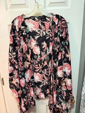 Lane Bryant Black Floral Open Front Kimono with Pink & Green Blooms